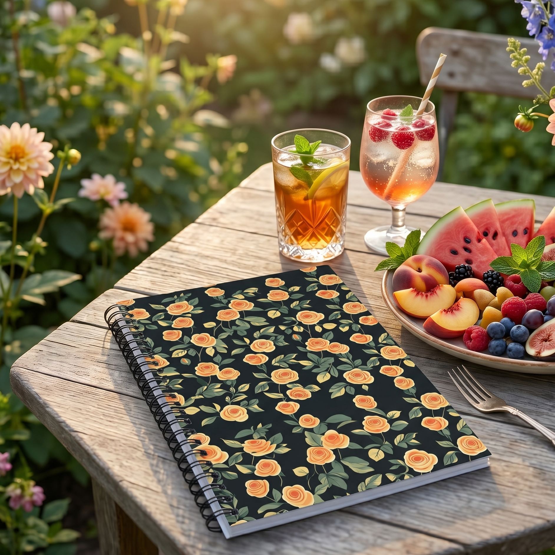 Spiral notebook with a red roses design on a table with summer drinks and a fruit platter in a garden setting. 