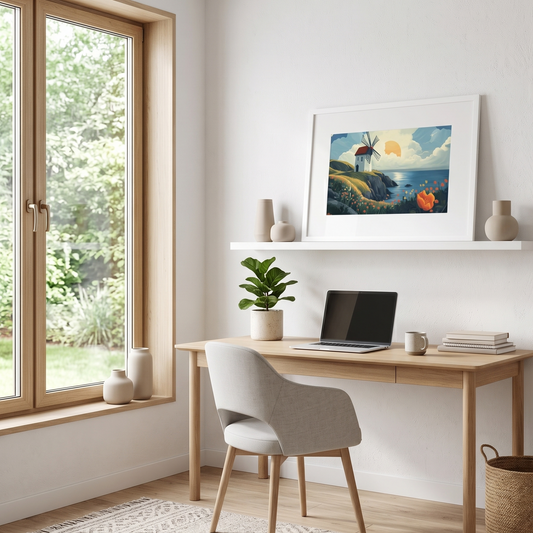 Framed poster of a windmill by the sea on a white background by Sweet and Savage placed in a home office that has Scandinavian decor. 