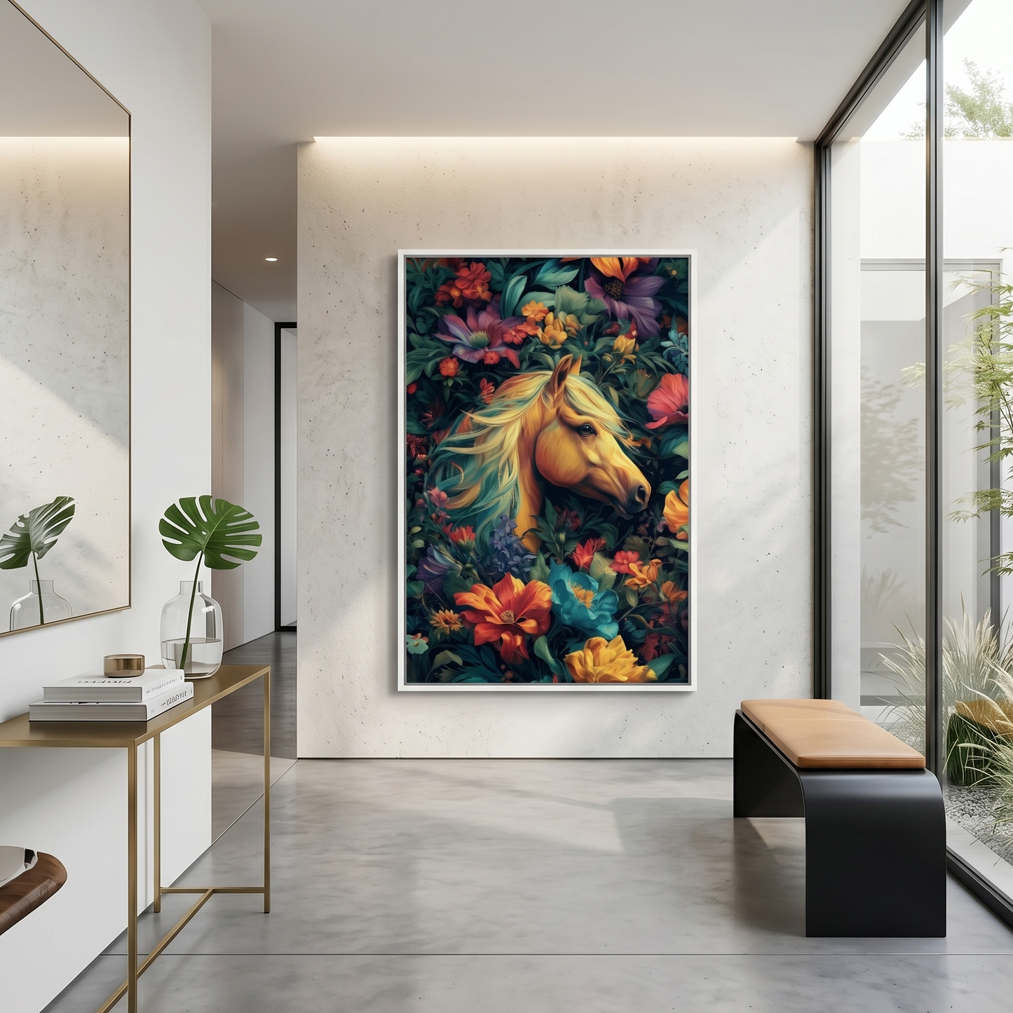 Colorful canvas of a horse called 'Simply the Best' on a wall in a modern interior setting. 