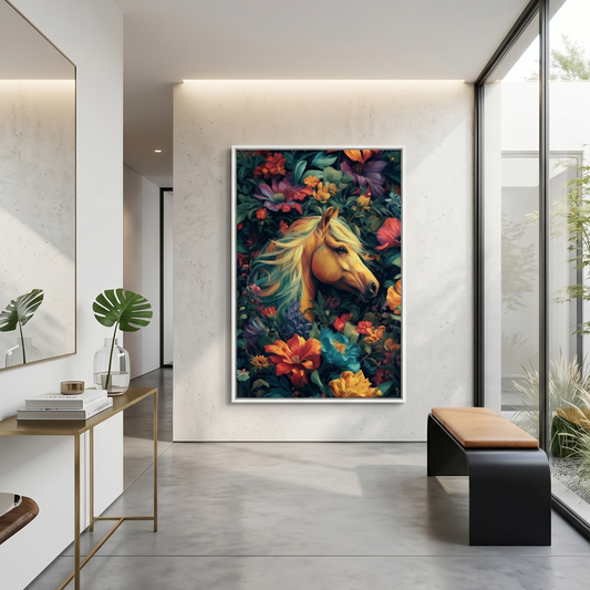 Colorful canvas of a horse called 'Simply the Best' on a wall in a modern interior setting. 