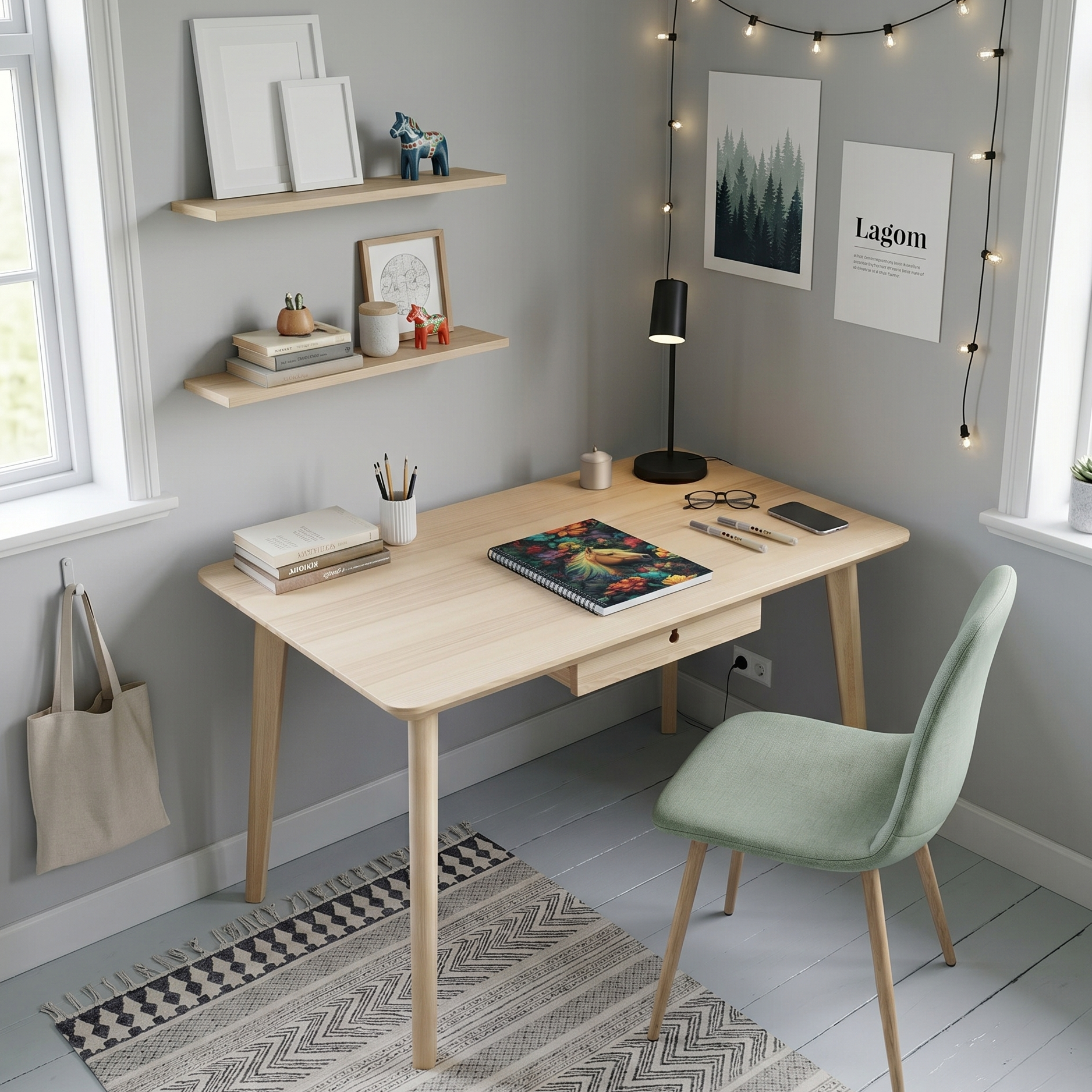 Home office with a wooden desk, chair, and decorative elements such as a spiral notebook featuring a majestic horse and colorful flowers. 