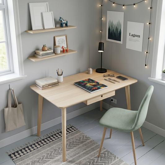 Home office with a wooden desk, chair, and decorative elements such as a spiral notebook featuring a majestic horse and colorful flowers. 