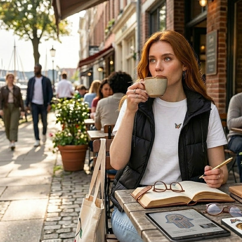  A woman in a white butterfly-patterned t-shirt and black vest, holding a ceramic mug at an outdoor cafe.