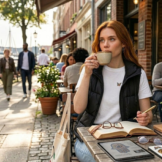  A woman in a white butterfly-patterned t-shirt and black vest, holding a ceramic mug at an outdoor cafe.
