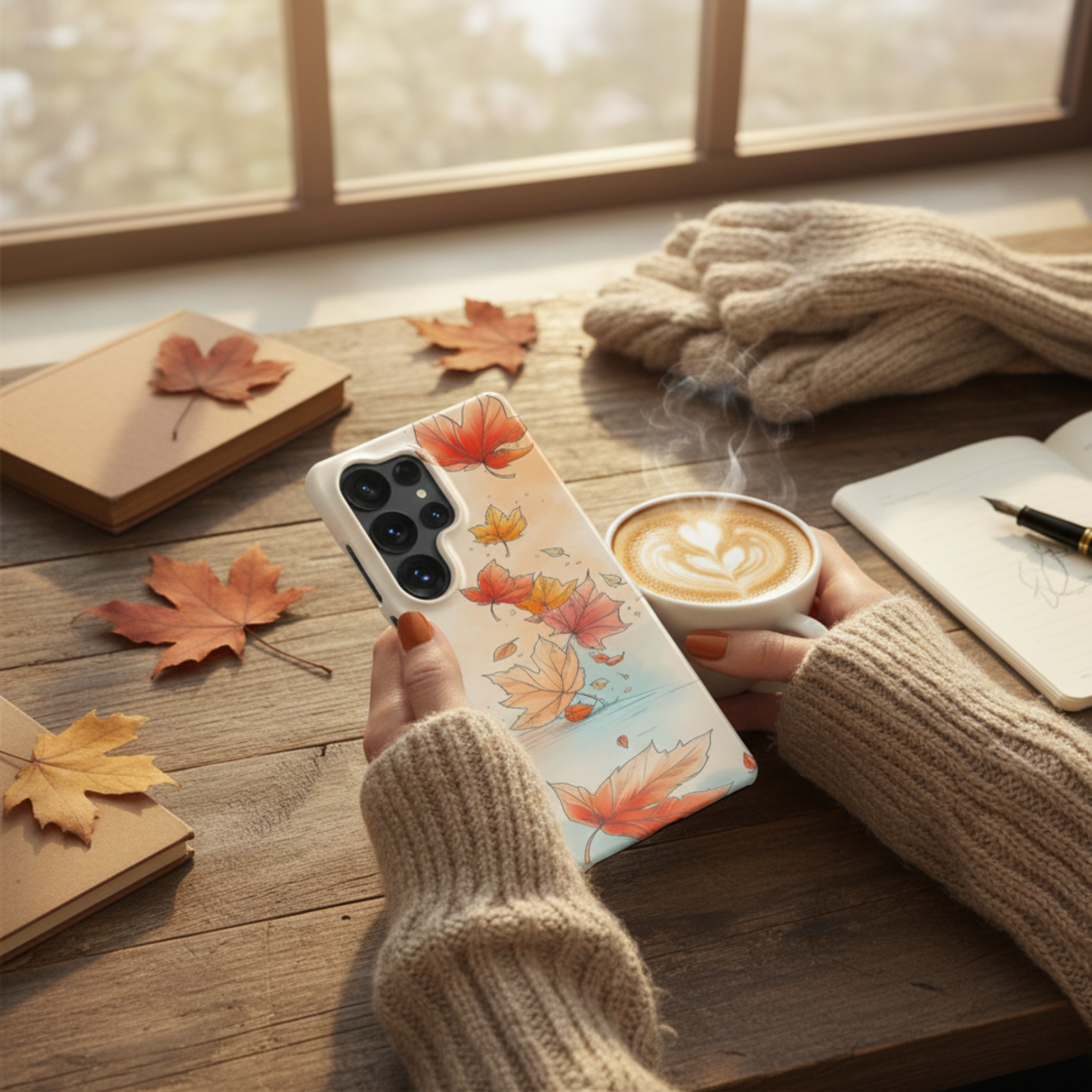 A close-up lifestyle shot of a Samsung Galaxy phone with a white case featuring orange and red falling autumn leaves. The phone is held by a person in a cozy beige knit sweater, sitting at a wooden table next to a steaming cup of latte art coffee and dried maple leaves near a sunlit window.