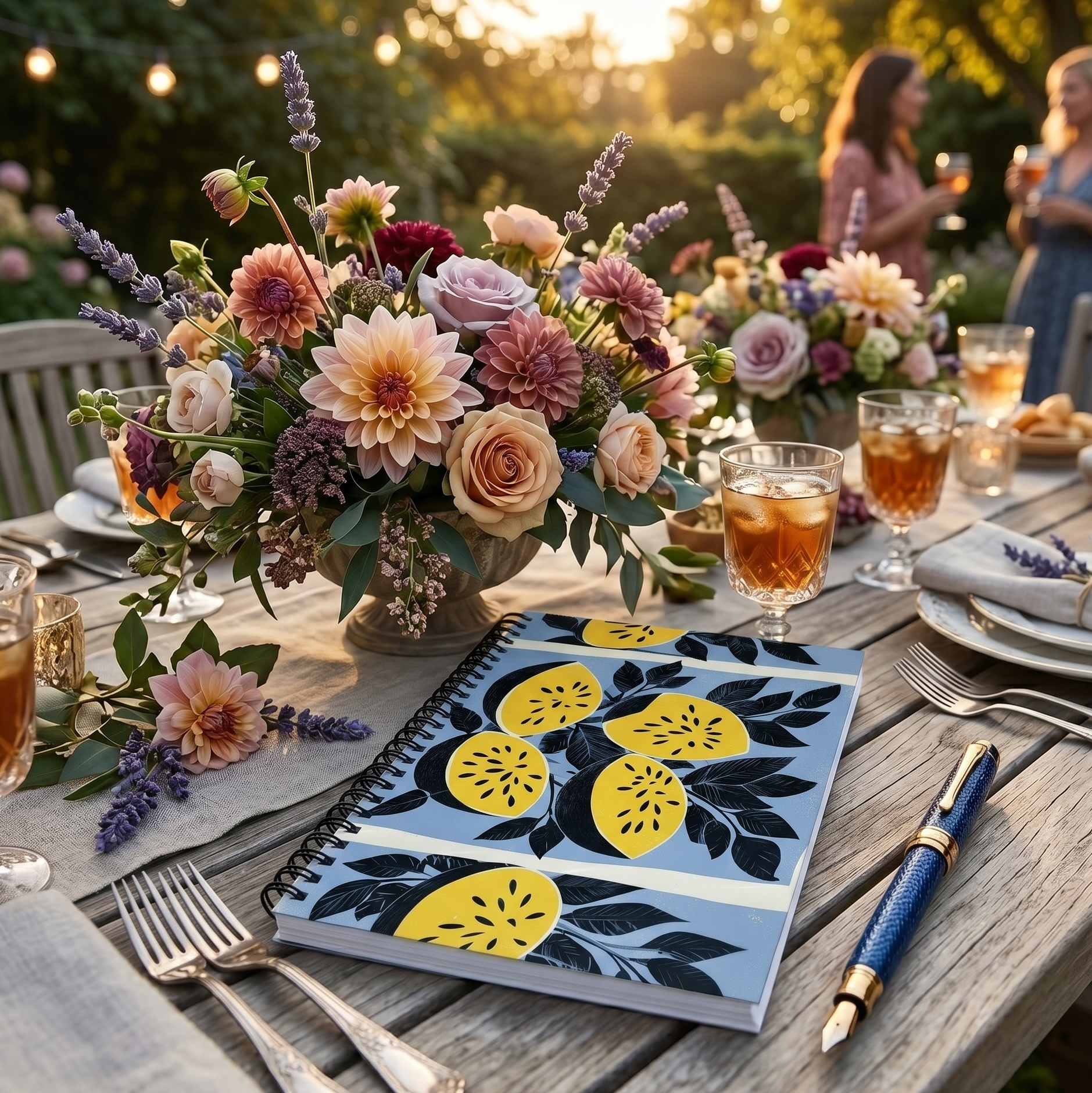 Table setting with floral arrangements, glasses, and a spiral notebook with yellow watermelon design. 