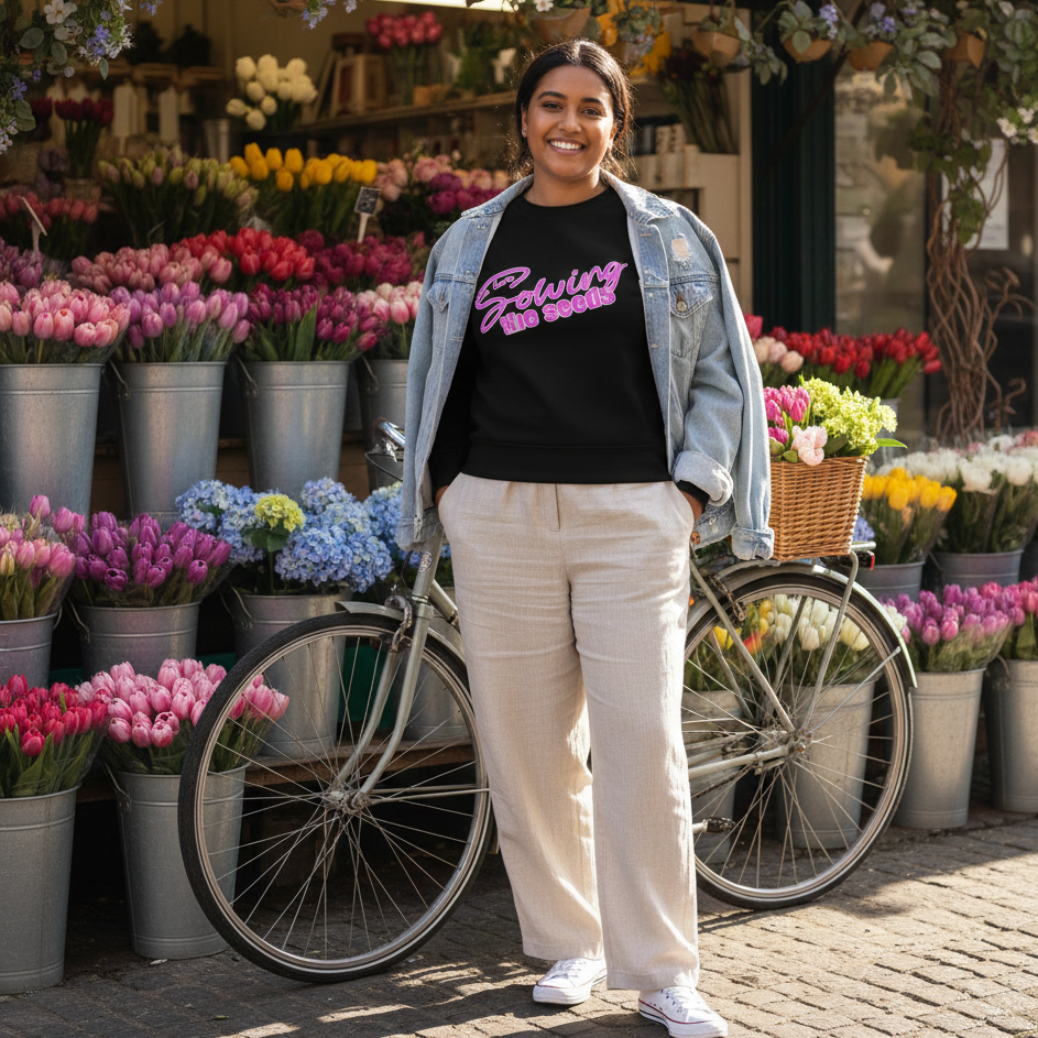 Woman standing next to a bicycle in front of a flower shop