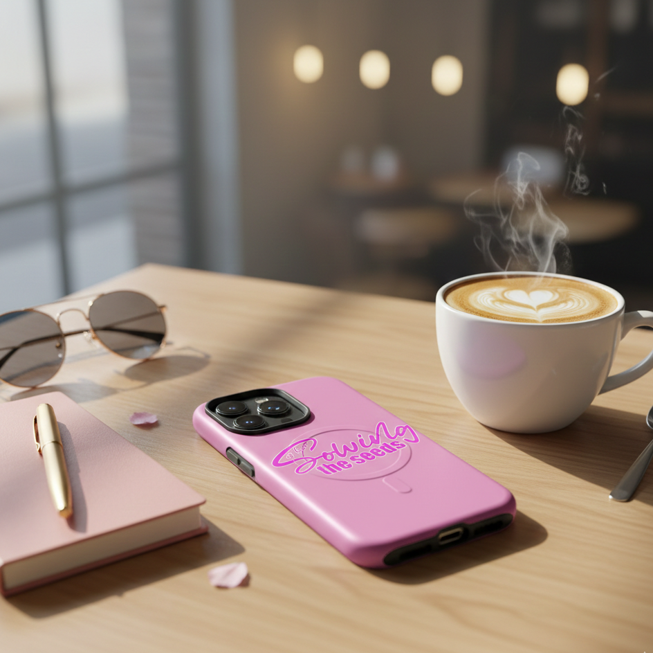 A close-up lifestyle mockup of the 'Sowing the Seeds of Love' pink iPhone case resting on a light wood cafe table. Next to the phone is a white ceramic cup of latte with heart-shaped foam art, a small pink notebook with a gold pen, and stylish sunglasses, all captured in warm, natural morning light.