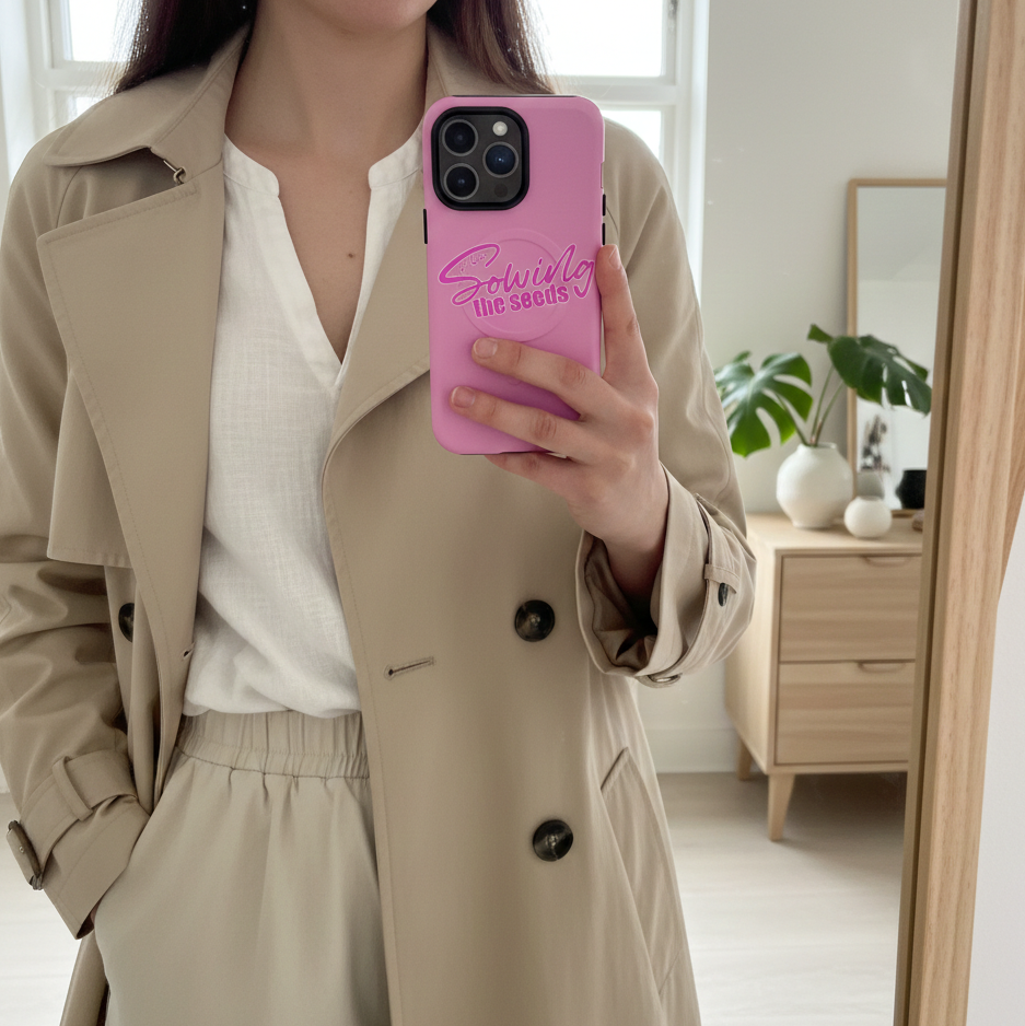 A vertical mirror selfie mockup featuring the 'Sowing the Seeds of Love' pink MagSafe iPhone case. A woman in a minimalist Scandi-style beige trench coat and white linen shirt holds the vibrant pink phone, showcasing the bold typography design.