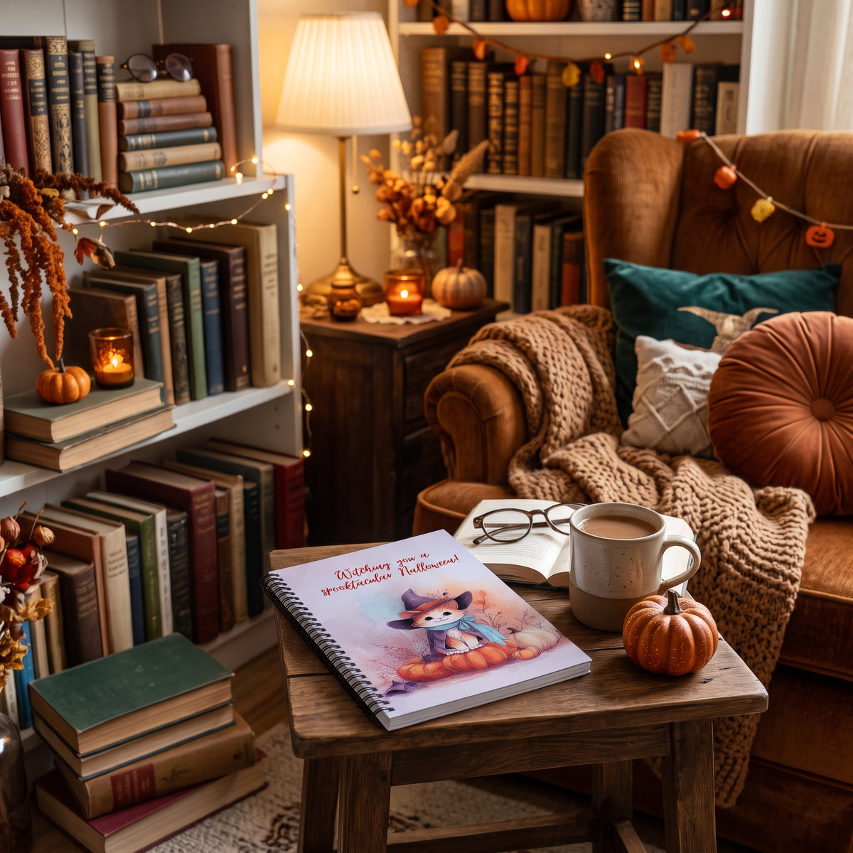 A cozy autumn-themed living room corner with a brown armchair, knitted throw blanket, pumpkins, string lights, and bookshelves. In the foreground, a small wooden table holds a spiral notebook with a cat illustration, a mug, glasses, and a pumpkin.