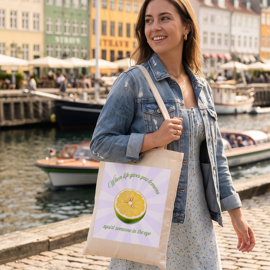 A woman stands by a canal in a colorful city, carrying a canvas tote bag with a printed lemon graphic and the text 'When life gives you lemon, squirt someone in the eye'.
