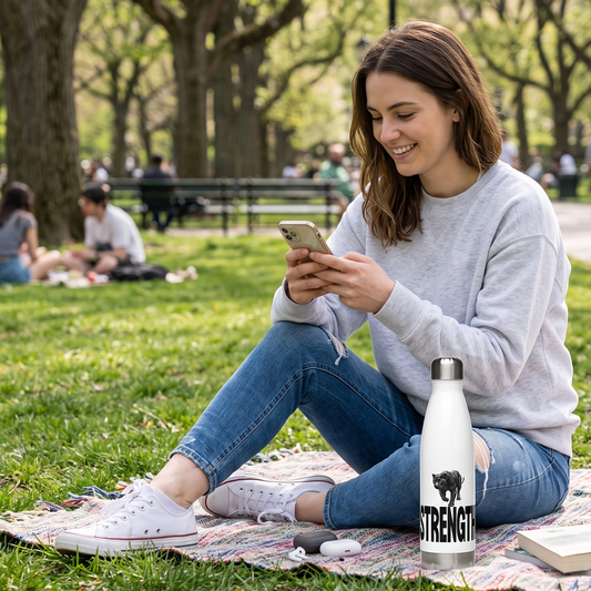 A woman sitting on a blanket in a park, looking at her phone, with a white insulated water bottle standing beside her on the grass. The bottle has a black panther graphic and the word 'STRENGTH'.