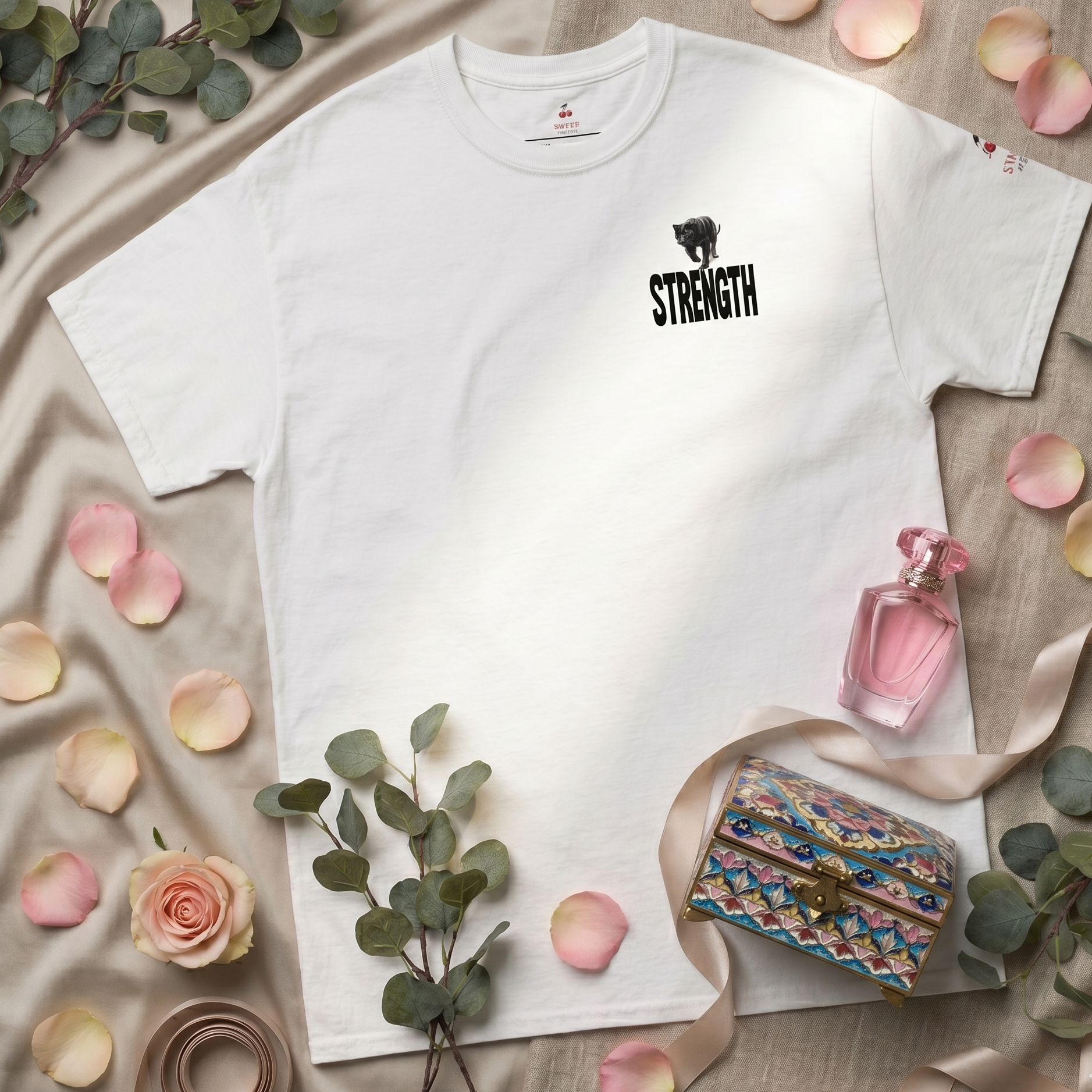 En hvid Sweet & Savage T-shirt i økologisk bomuld liggende fladt med et sort panter på brystet. Ved siden af ligger friske blomster og dekorative blade, der understreger brandets fokus på natur og bæredygtig mode.