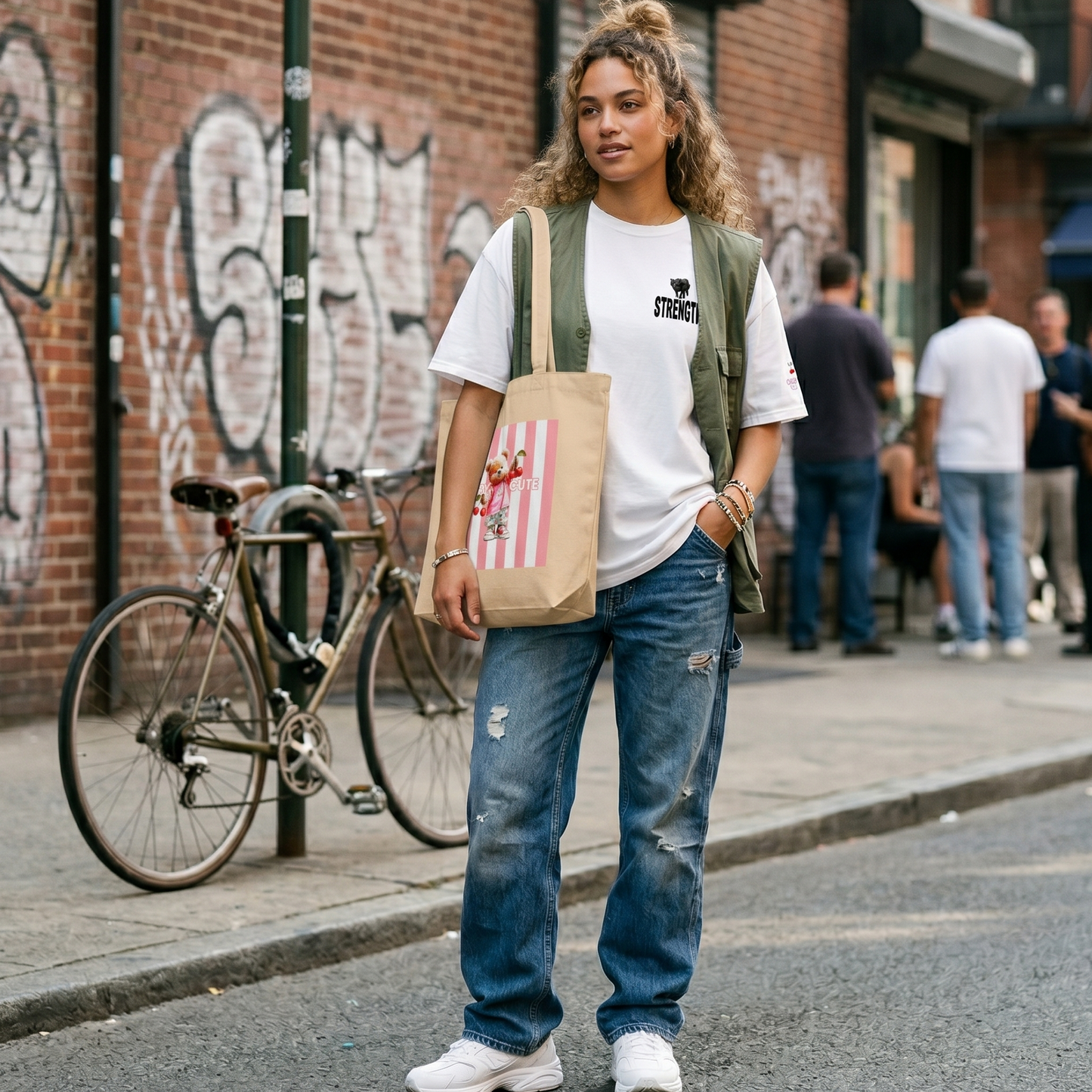 En ung kvinde i en hvid Sweet & Savage T-shirt, armygrøn vest og denimjeans står på en charmerende storbygade. Hun bærer en mulepose med sød bjørnmotiv og står ved siden af en klassisk cykel. Billedet fremhæver bæredygtig europæisk mode og et afslappet, minimalistisk hverdagslook.