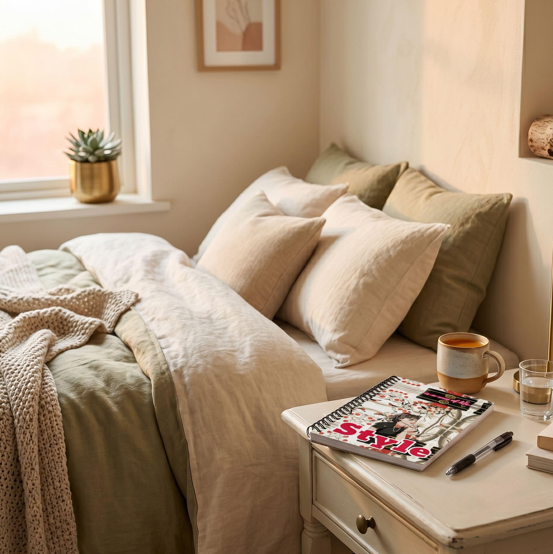 Cozy bedroom with a bed, pillows, and a side table with a spiral notebook with text 'Style is a way of life' and coffee.