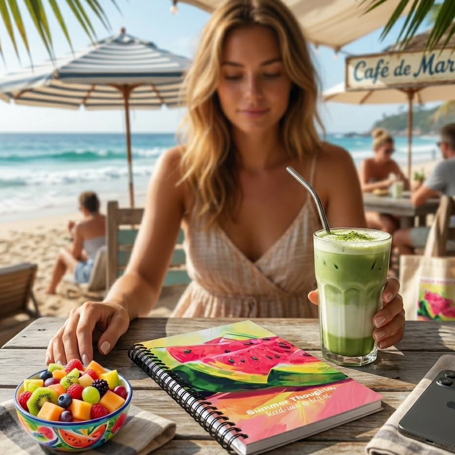 Summer lifestyle mockup of 'Summer Thoughts' spiral notebook with watermelon design at a beach cafe. The scene features a young woman with a cold iced matcha latte, a fresh fruit bowl, and an iPhone on a wooden table overlooking the ocean at 'Café de Mar'.