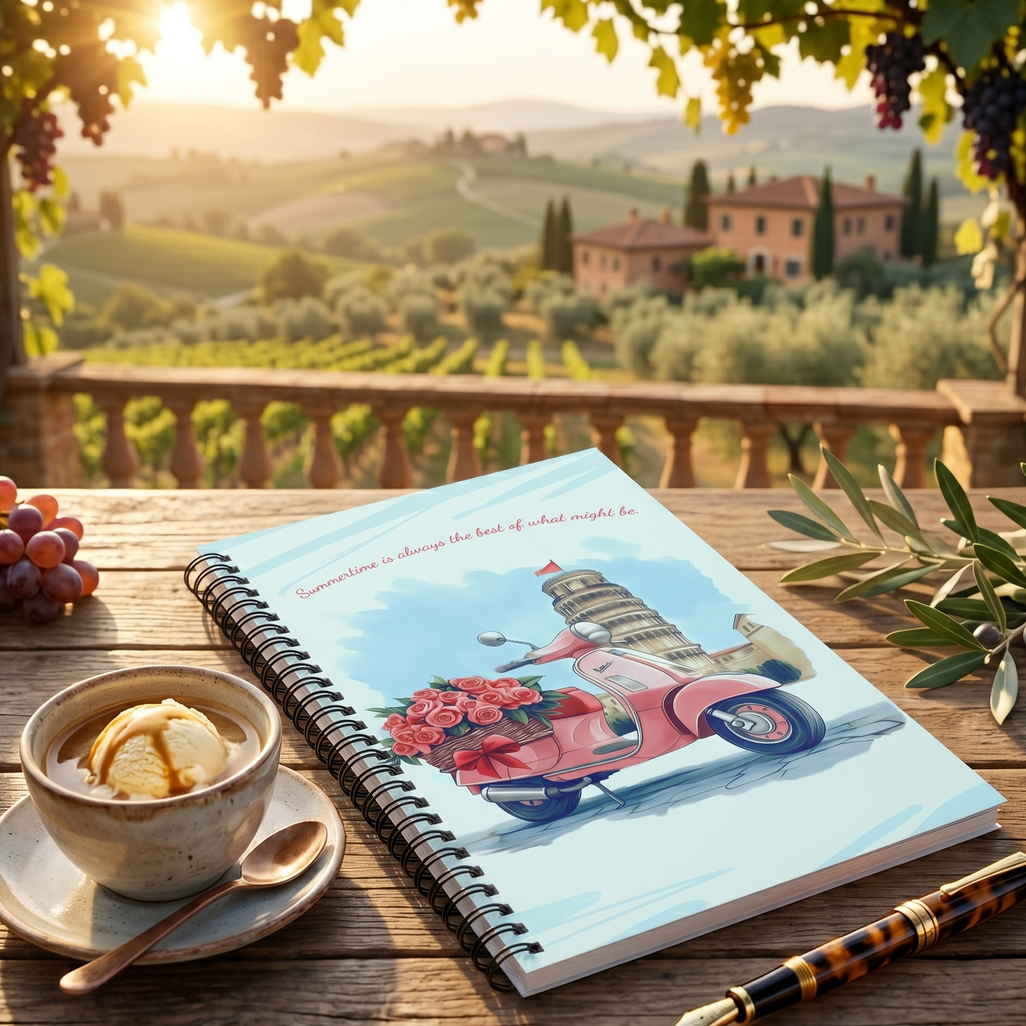 Spiral notebook with a pink Vespa and the Leaning Tower of Pisa illustration on a wooden table with a scenic background. 
