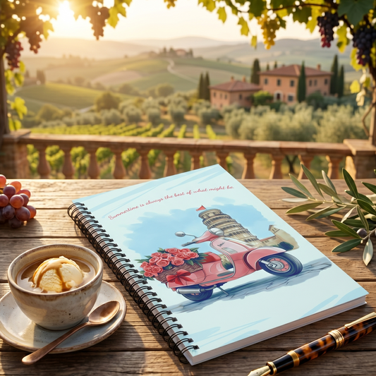 Spiral notebook with a pink Vespa and the Leaning Tower of Pisa illustration on a wooden table with a scenic background. 