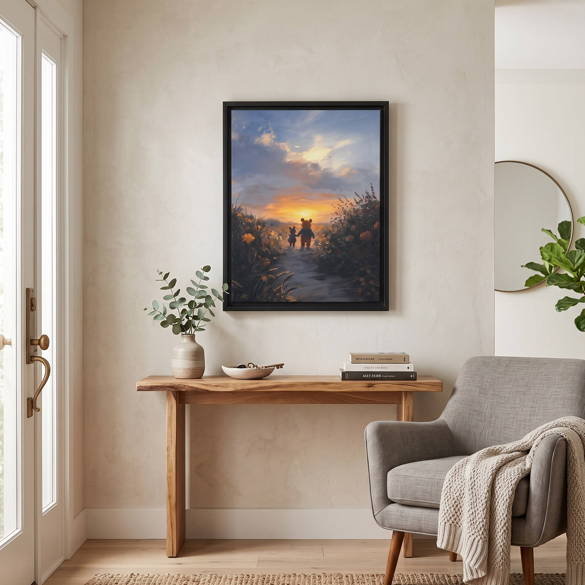 Nest living room with a wooden console table, gray armchair, and framed artwork of two people walking together.
