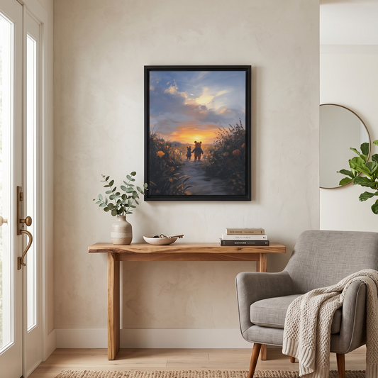 Nest living room with a wooden console table, gray armchair, and framed artwork of two people walking together.