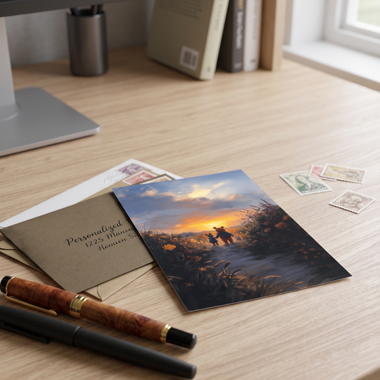 A printed card or postcard featuring a sunset landscape with two silhouetted figures walking through tall grass, arranged on a light wood desk beside a pen, an envelope with printed text, and a few postage stamps.