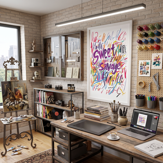 Framed poster with the words 'Sweet Savage' hanging on the wall of a creative home studio that is full of creative tools and supplies. 