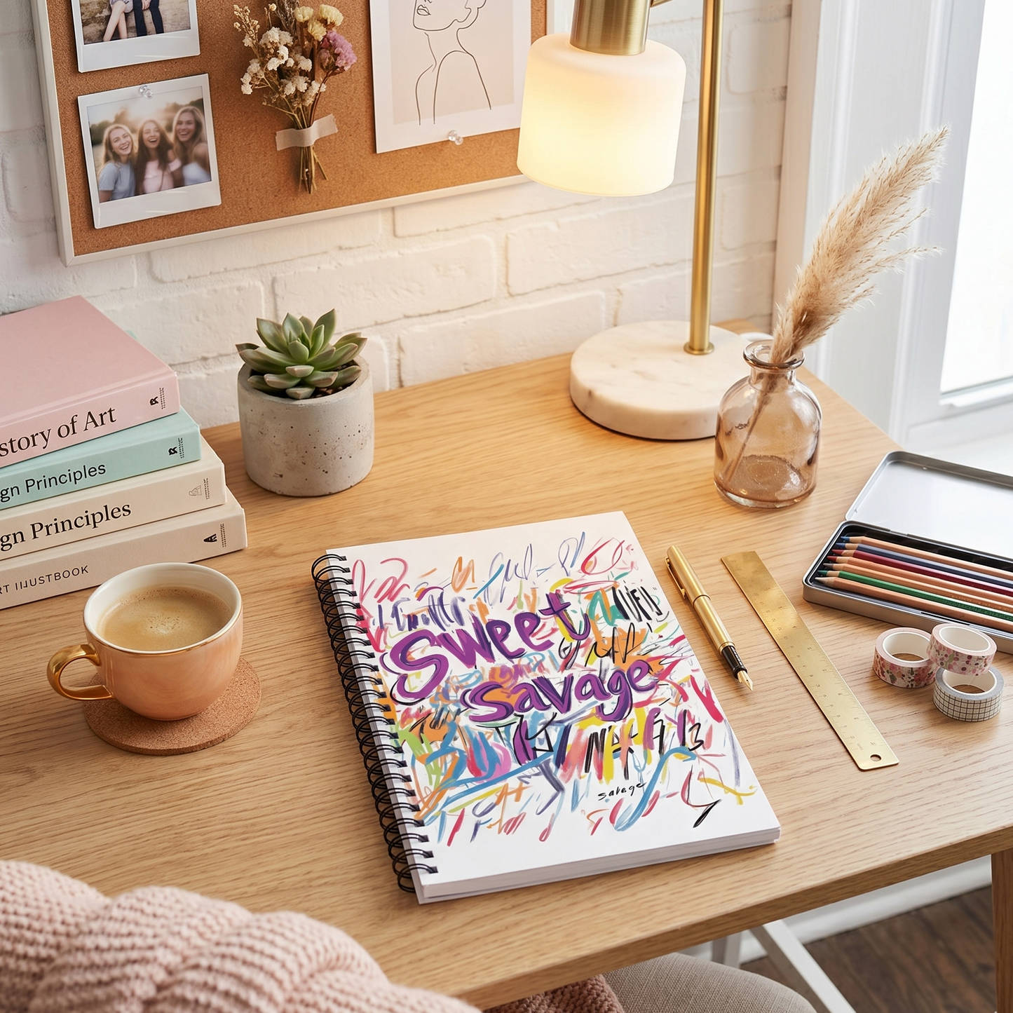 Desk with a spiral notebook titled 'Sweet, Savage' with colorful doodles, coffee cup, books, and decorative items.