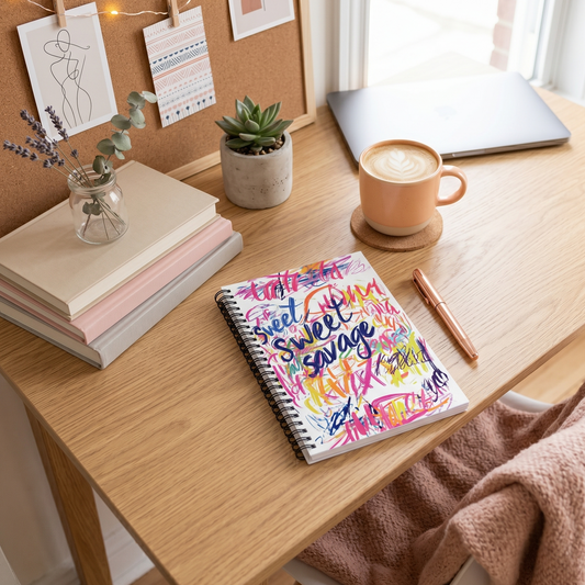 Desk setup with a spiral notebook with an abstract design and text 'Sweet, Sweet Savage' and coffee along with cozy decor items.