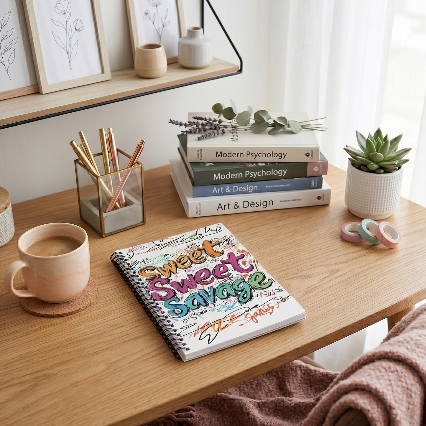 Desk with a spiral notebook A5 titled 'Sweet Sweet Savage', coffee cup, and books in a home office setting.