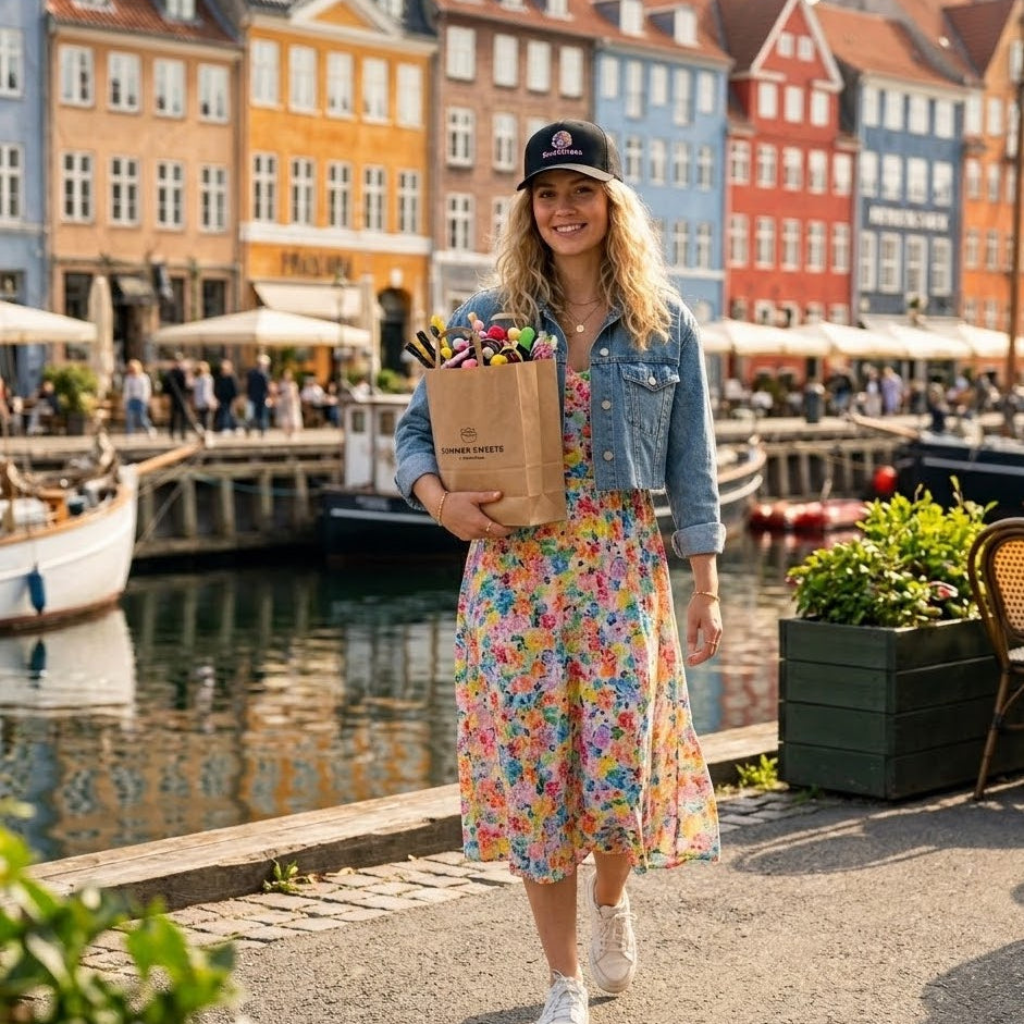 Woman wearing a black trucker hat with the word 'Sweetness' written on it while walking by boats at Nyhavn in Copenhagen. 