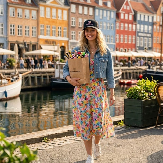 Woman wearing a black trucker hat with the word 'Sweetness' written on it while walking by boats at Nyhavn in Copenhagen. 