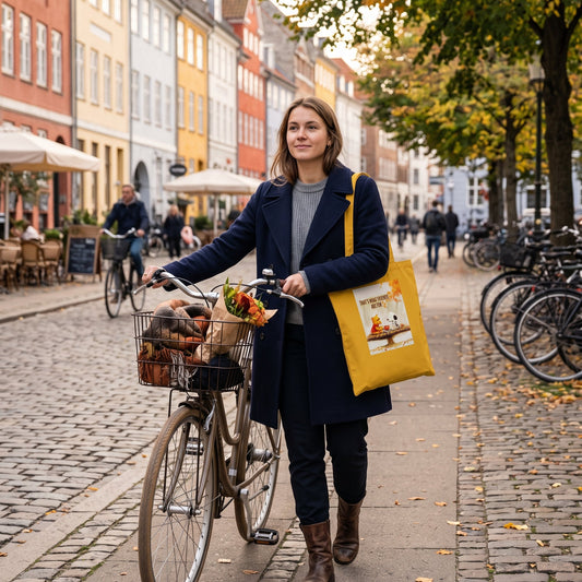 A woman in a navy coat stands on a cobblestone street in a European town, pushing a bicycle with a basket of groceries and carrying a bright mustard tote bag with a printed illustration.