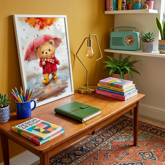 A framed poster of a teddy bear in a red coat holding an umbrella placed on a wooden table surrounded by books, and other decorative items, in a colorful room.