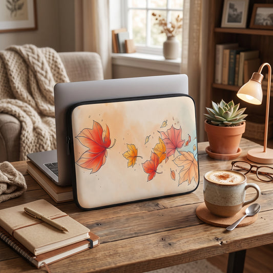 A laptop sleeve with a watercolor autumn leaf design in orange, red, and yellow on a cream background, shown on a wooden desk in a cozy home office setting.