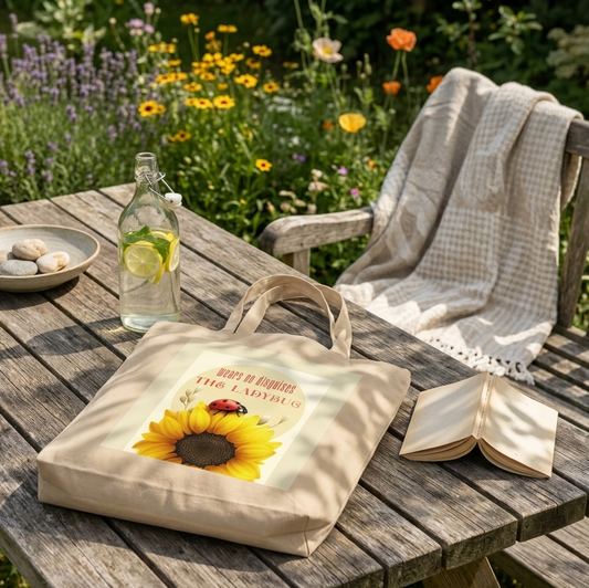 Lifestyle image of 'The Ladybug' organic tote bag in oyster color, placed on a rustic blue garden chair. The sunflower-print bag is filled with fresh wildflowers and a straw hat, bathed in warm, natural summer light in a flower garden.
