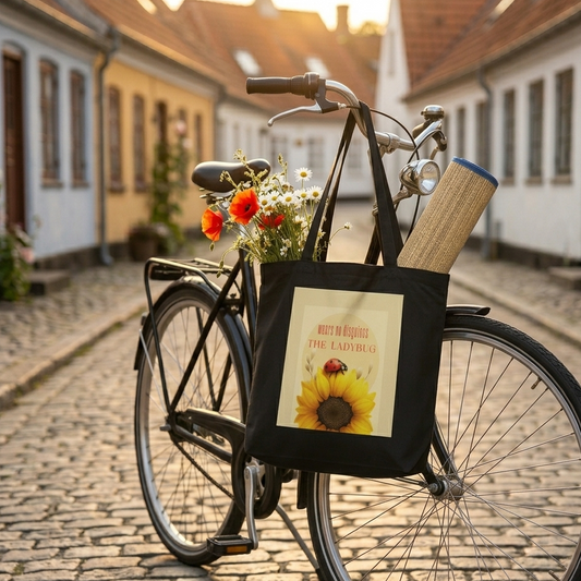 Summer lifestyle mockup of 'The Ladybug' black organic tote bag featuring a sunflower design. The bag is hanging on the handlebars of a classic city bicycle on a cozy cobblestone street, filled with fresh wildflowers and a rolled-up beach mat in warm golden hour light.