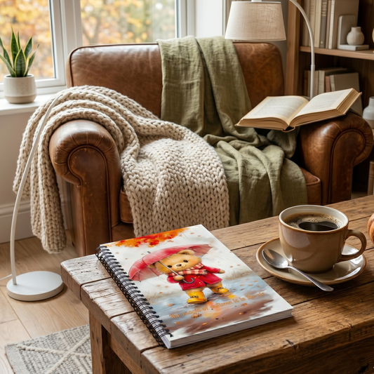 Cozy living room with a brown armchair, wooden table, and spiral notebook with a bear in a red coat design by Sweet and Savage. 