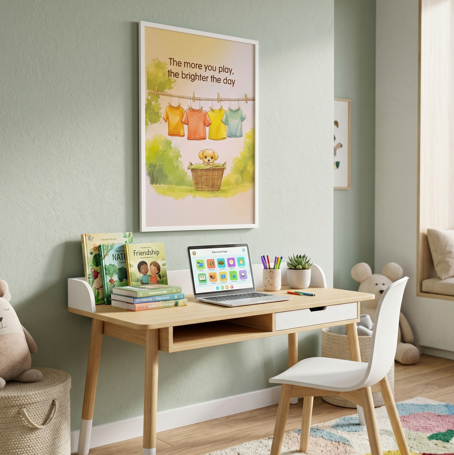 Modern nursery interior styling with The More You Play framed art poster on a white wall above a clean, scandinavian desk setup.