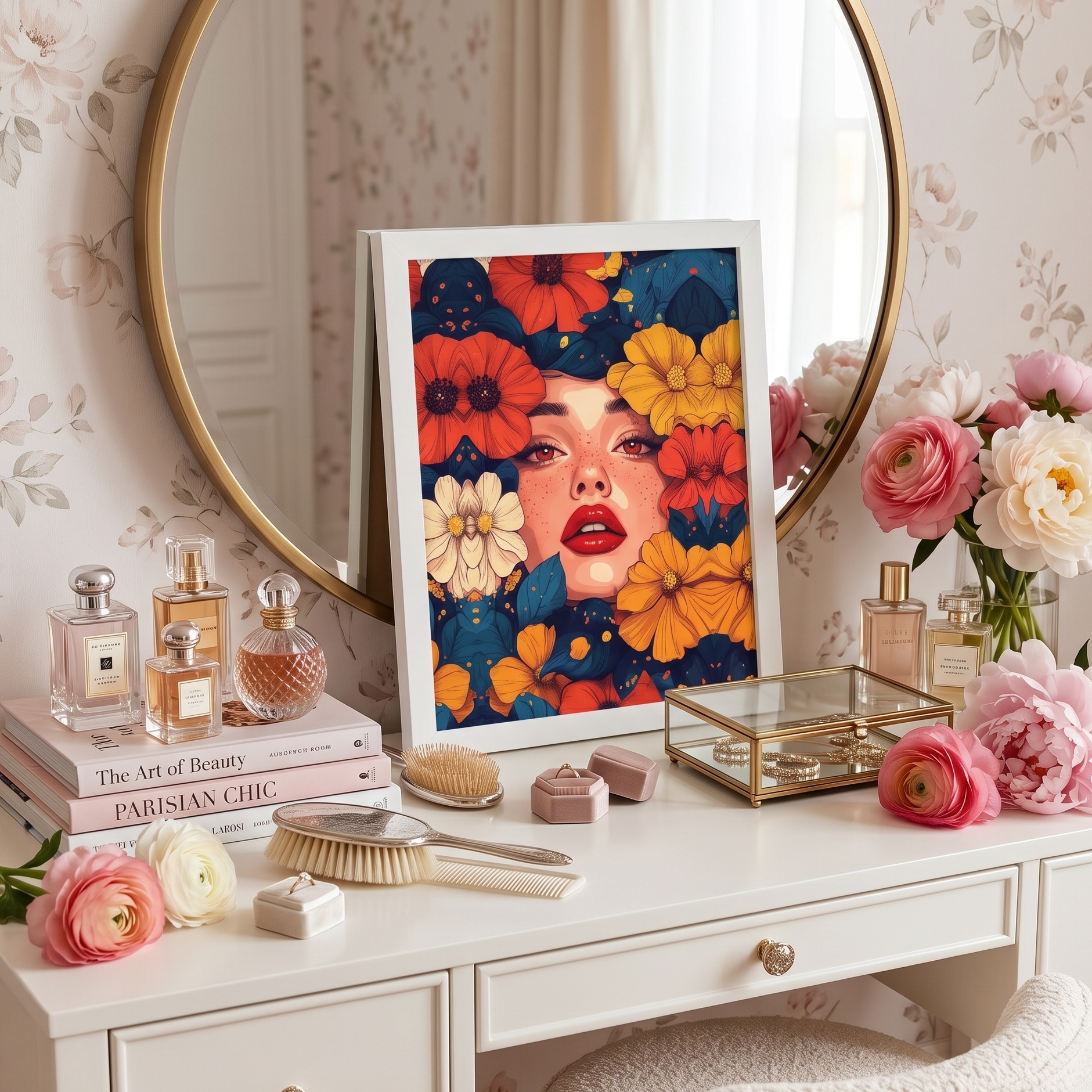 Dresser with decorative items including a framed poster of a woman's face surrounded by flowers by Sweet & Savage, perfumes, and flowers.