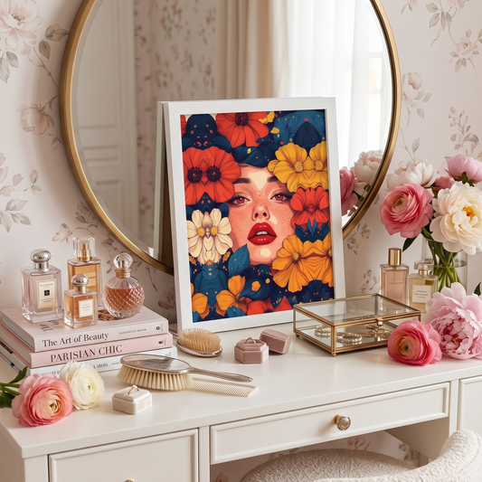 Dresser with decorative items including a framed poster of a woman's face surrounded by flowers by Sweet & Savage, perfumes, and flowers.