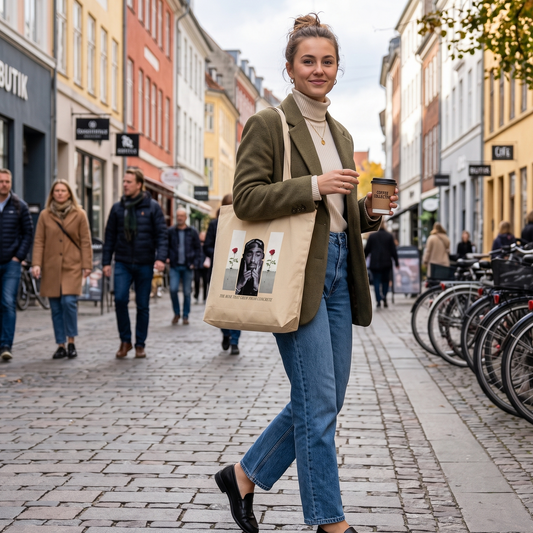 A woman walking on a cobblestone city street wearing an olive green blazer, cream turtleneck, blue jeans, and black loafers, carrying a beige tote bag featuring Tupac Shakur and red roses print with words 'THE ROSE THAT GREW FROM CONCRETE'. 