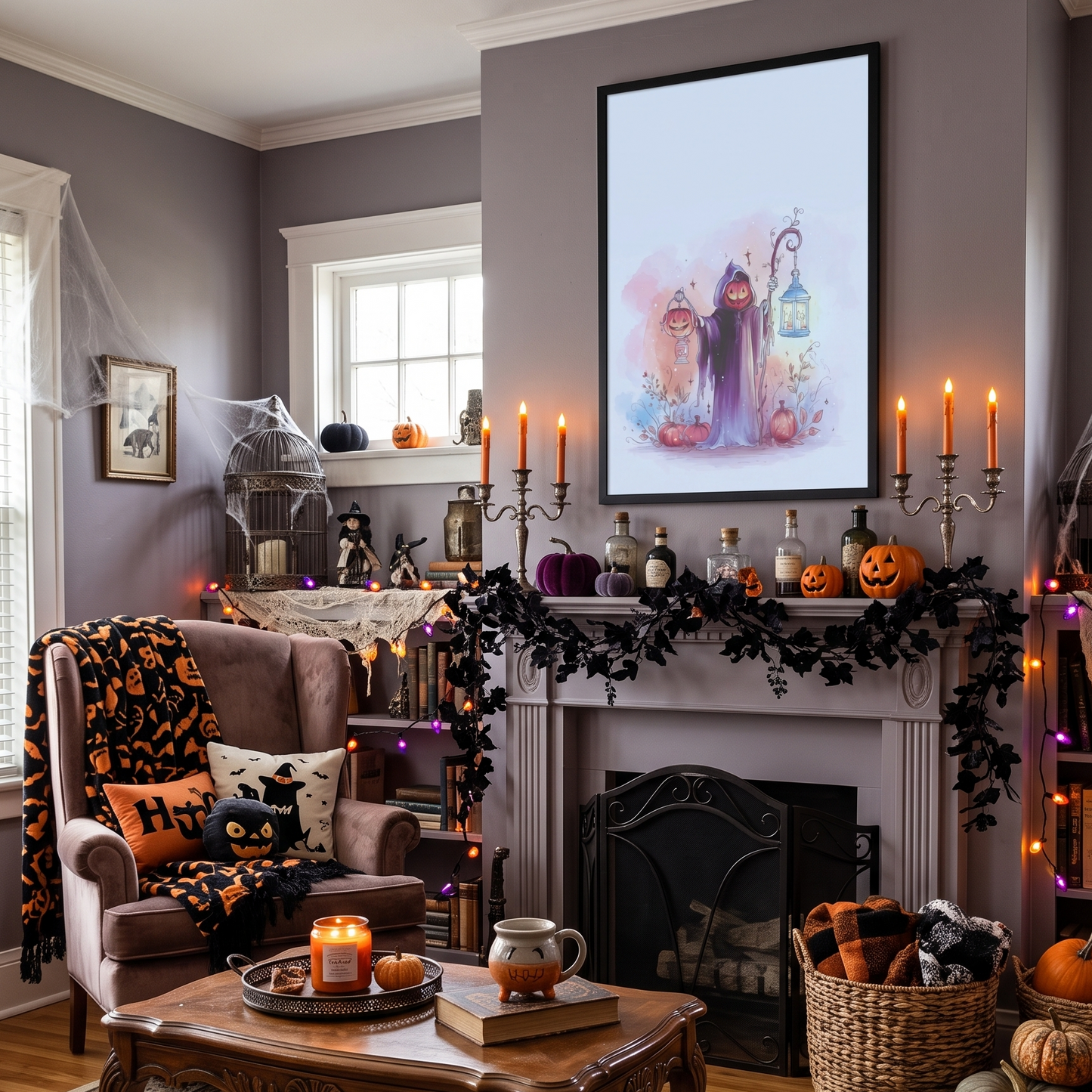 Living room decorated for Halloween with pumpkins, candles, and a fireplace that has a framed poster depicting a reaper above it. 