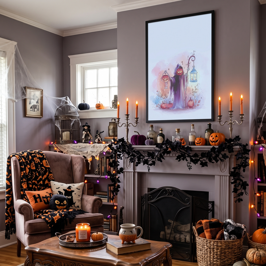 Living room decorated for Halloween with pumpkins, candles, and a fireplace that has a framed poster depicting a reaper above it. 