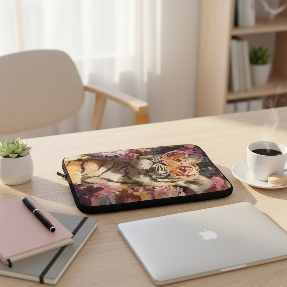 A vertical lifestyle mockup of a floral tiger laptop sleeve with heart-shaped glasses resting on a light wood desk. The workspace is bright and airy, featuring a closed silver laptop, a stack of minimalist notebooks with a black pen, a small succulent, and a white cup of black coffee with a macaron on the saucer. Soft sunlight and a neutral Scandi-style background complete the cozy office scene.