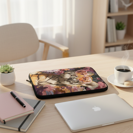 A vertical lifestyle mockup of a floral tiger laptop sleeve with heart-shaped glasses resting on a light wood desk. The workspace is bright and airy, featuring a closed silver laptop, a stack of minimalist notebooks with a black pen, a small succulent, and a white cup of black coffee with a macaron on the saucer. Soft sunlight and a neutral Scandi-style background complete the cozy office scene.