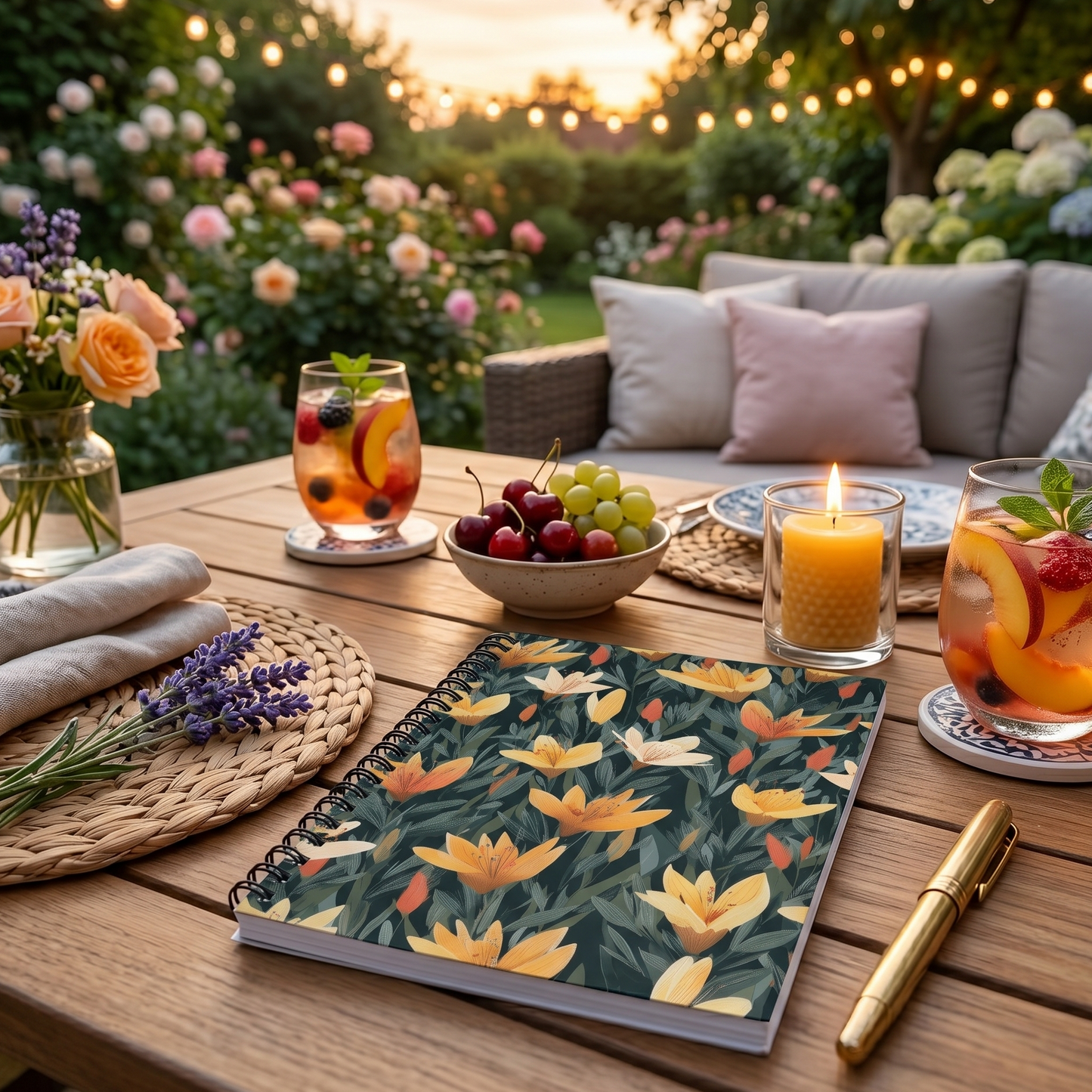 Cozy outdoor setting with a spiral A5 notebook with yellow tiger lilies placed on a wooden table. There are also drinks, and snacks on the wooden table with a sunset background.