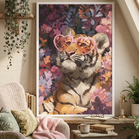 Framed tiger cub wall art wearing pink heart sunglasses in a cozy reading nook with a pink throw blanket, indoor plants, and rustic wooden furniture.