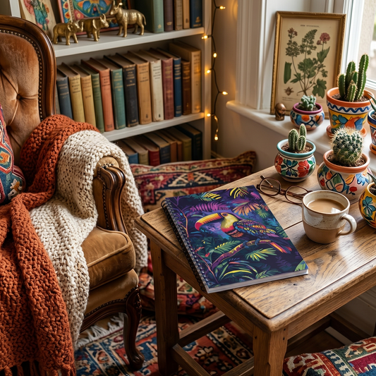 Cozy living room with a bookshelf, armchair, and small table with a coffee cup and a spiral notebook with a colorful toucan and tropical leaves design.