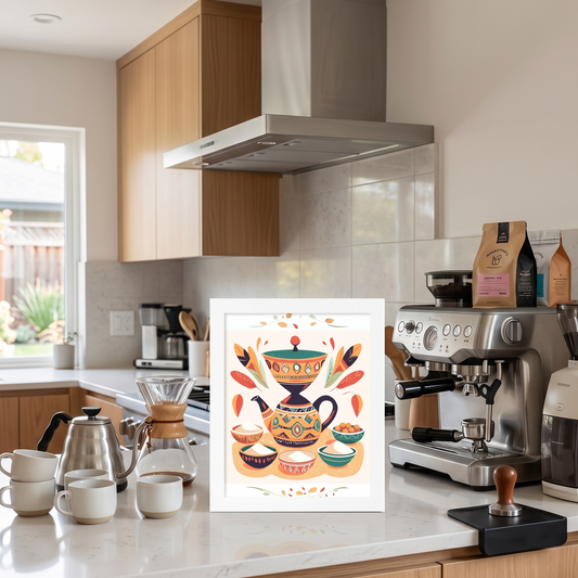 Kitchen counter with coffee-making equipment and a decorative print on the wall.