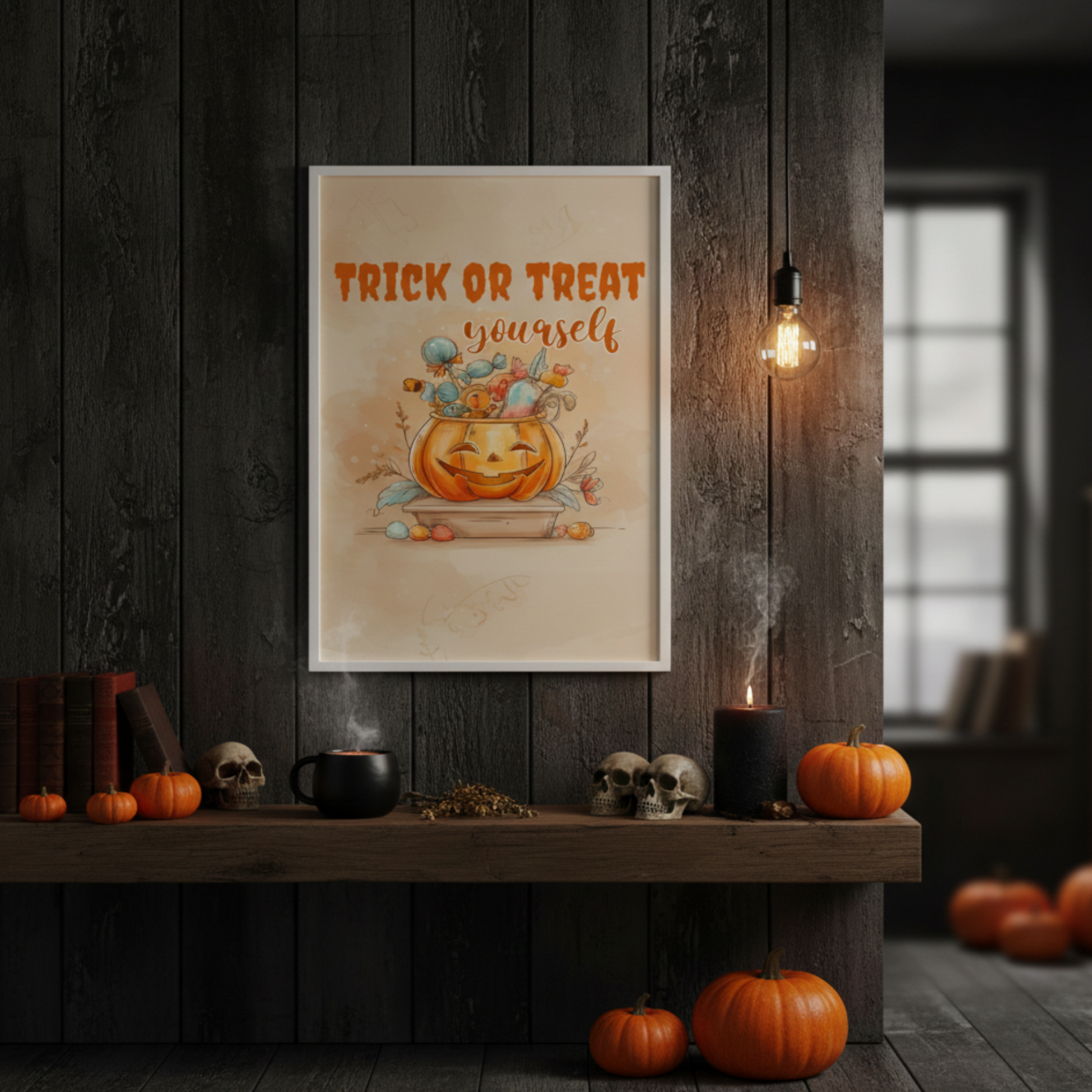 Lifestyle mockup of the Sweet & Savage 'Trick or Treat Yourself' framed poster on a dark, rustic wood-paneled wall. The scene features a cozy, spooky aesthetic with mini pumpkins, a black steaming mug, decorative skulls, and a lit black candle, highlighting the poster's whimsical pumpkin illustration.